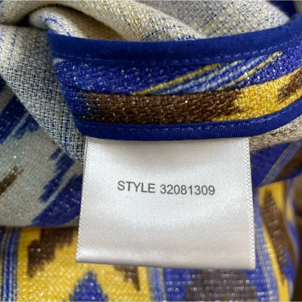 Tory Burch Blue Yellow Jemima Ikat Metallic Linen Pencil Skirt Size 12